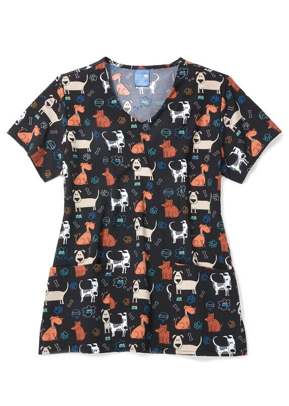 Zoe & Chloe Kibble Dribble Dog Women's 2-Pocket STRETCH V-Neck Print Scrub Top