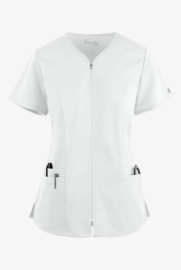 Butter-Soft STRETCH Women's 4-Pocket Smooth Face Zipper Scrub Top