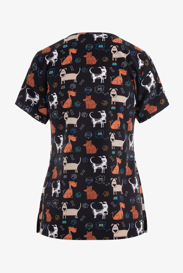 Zoe & Chloe Kibble Dribble Dog Women's 2-Pocket STRETCH V-Neck Print Scrub Top