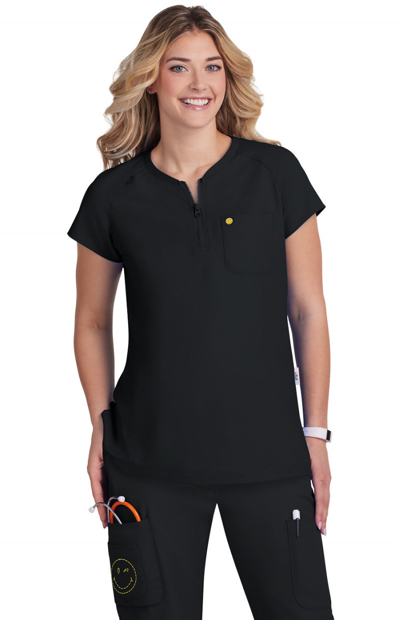 koi | SmileyWorld Ecstatic Women's 1-Pocket Zipper-Neck Scrub Top