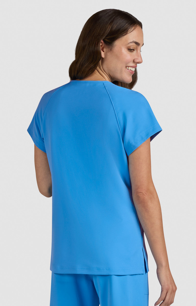koi | SmileyWorld Ecstatic Women's 1-Pocket Zipper-Neck Scrub Top