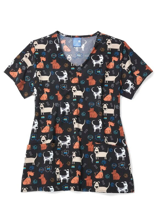 Zoe & Chloe Kibble Dribble Dog Women's 2-Pocket STRETCH V-Neck Print Scrub Top