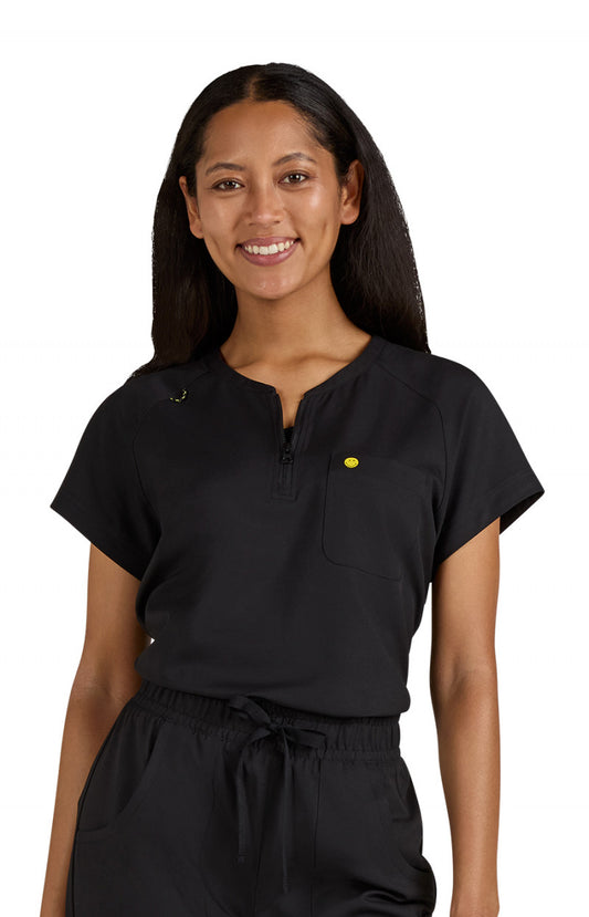 koi | SmileyWorld Ecstatic Women's 1-Pocket Zipper-Neck Scrub Top