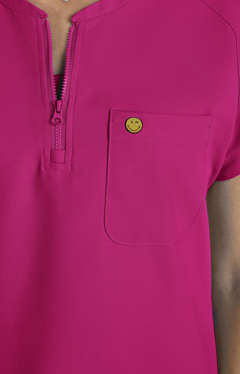 koi | SmileyWorld Ecstatic Women's 1-Pocket Zipper-Neck Scrub Top
